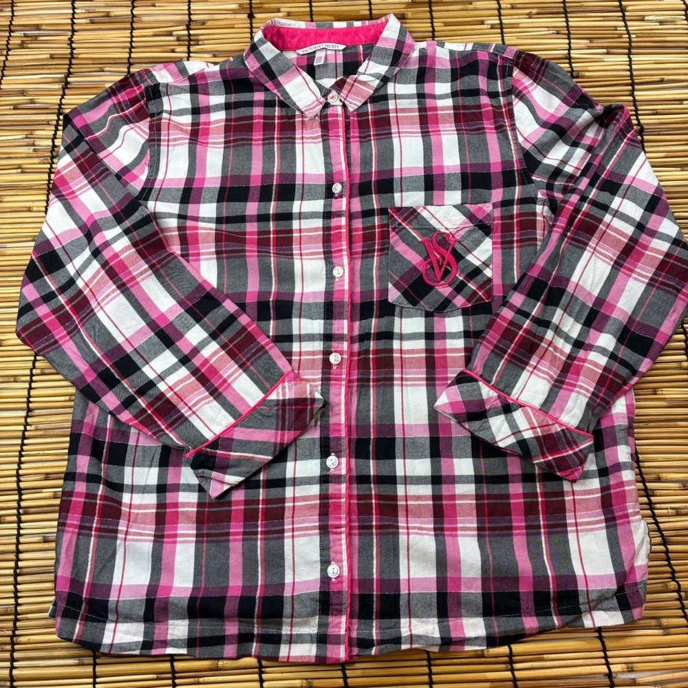Victorias Secret Pink Black White Plaid Pajama Top Long Sleeve Cotton Modal M